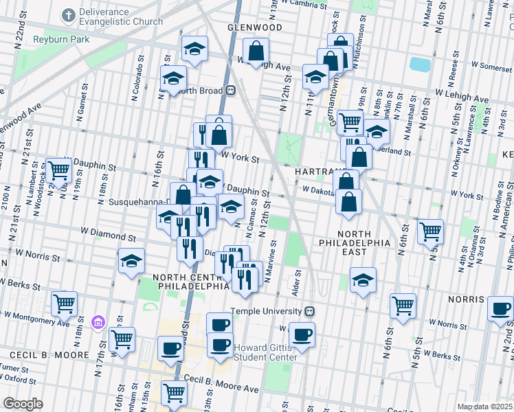 map of restaurants, bars, coffee shops, grocery stores, and more near 2241 North Camac Street in Philadelphia