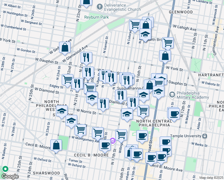 map of restaurants, bars, coffee shops, grocery stores, and more near 2144 North 18th Street in Philadelphia