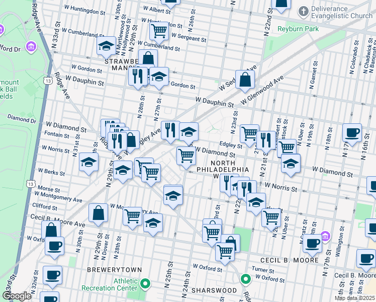 map of restaurants, bars, coffee shops, grocery stores, and more near 2500 W Diamond St in Philadelphia
