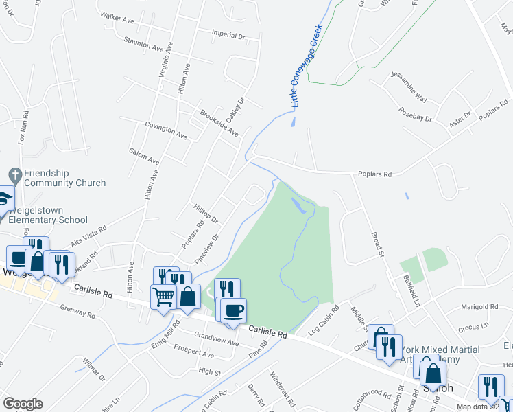 map of restaurants, bars, coffee shops, grocery stores, and more near 1884 Pineview Drive in York
