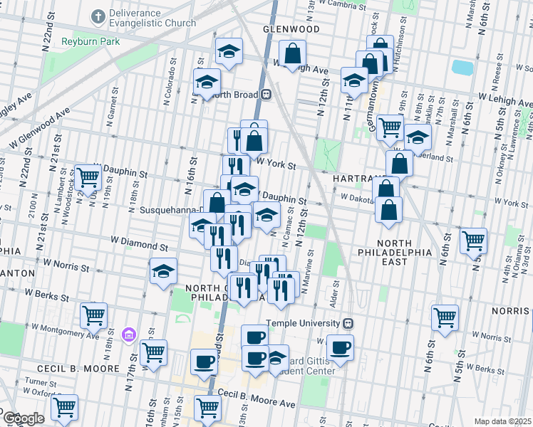 map of restaurants, bars, coffee shops, grocery stores, and more near 2231 North Park Avenue in Philadelphia