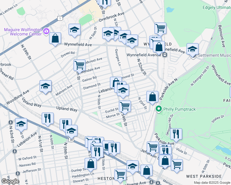 map of restaurants, bars, coffee shops, grocery stores, and more near 5401 Arlington Street in Philadelphia