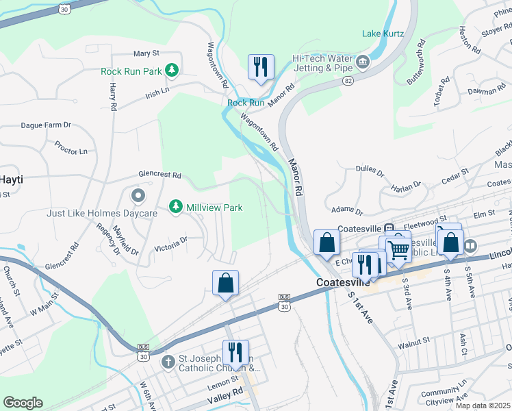 map of restaurants, bars, coffee shops, grocery stores, and more near 1409 Brick Row in Coatesville
