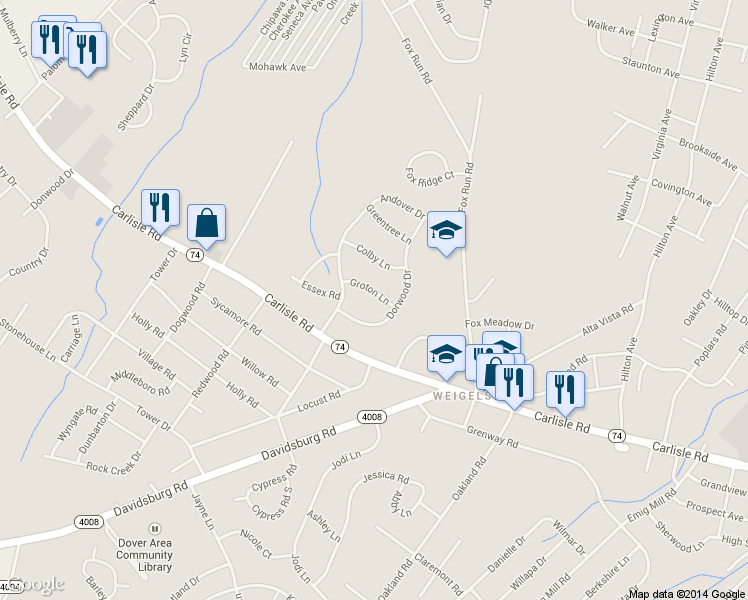 map of restaurants, bars, coffee shops, grocery stores, and more near 3322 Groton Lane in Dover