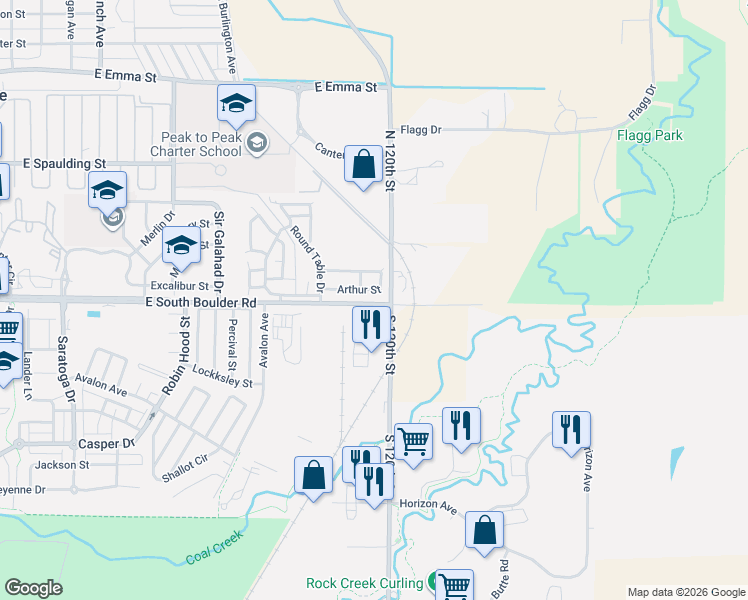 map of restaurants, bars, coffee shops, grocery stores, and more near 1260 East South Boulder Road in Lafayette