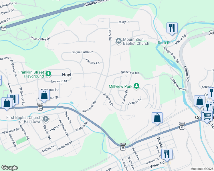 map of restaurants, bars, coffee shops, grocery stores, and more near 119 Marquis Drive in Coatesville