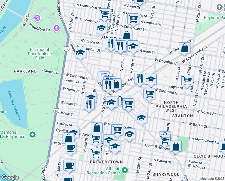 map of restaurants, bars, coffee shops, grocery stores, and more near 2821-27 West Sedgley Avenue in Philadelphia