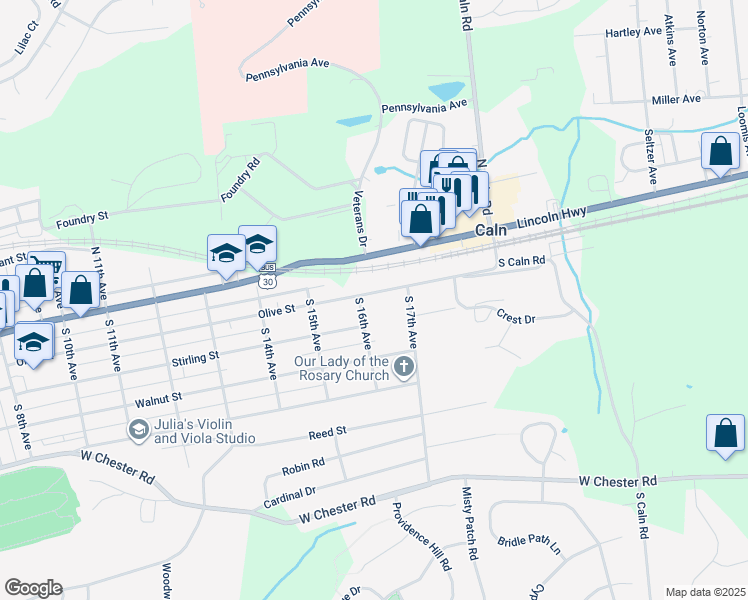 map of restaurants, bars, coffee shops, grocery stores, and more near 1604 Olive St in Coatesville