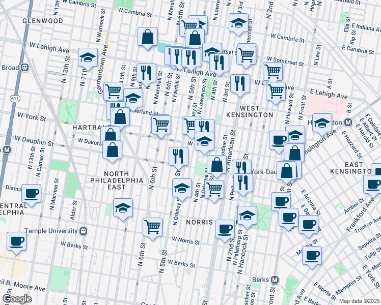 map of restaurants, bars, coffee shops, grocery stores, and more near 2336 North Lawrence Street in Philadelphia