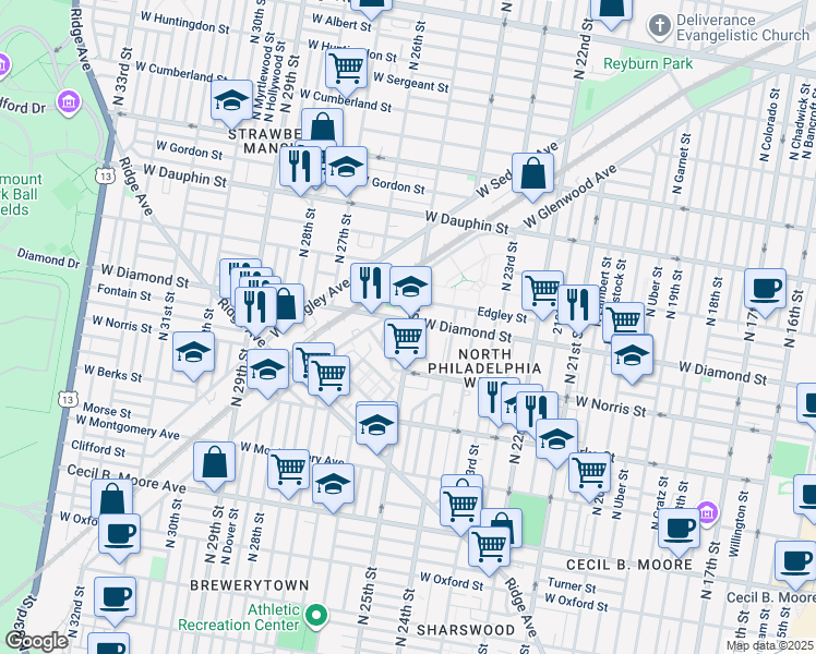 map of restaurants, bars, coffee shops, grocery stores, and more near 2500 W Diamond St in Philadelphia
