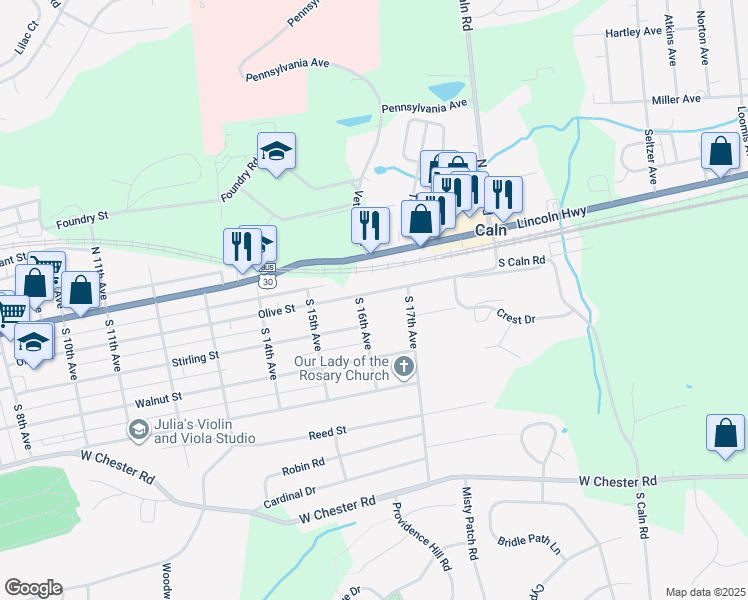 map of restaurants, bars, coffee shops, grocery stores, and more near 1604 Olive St in Coatesville