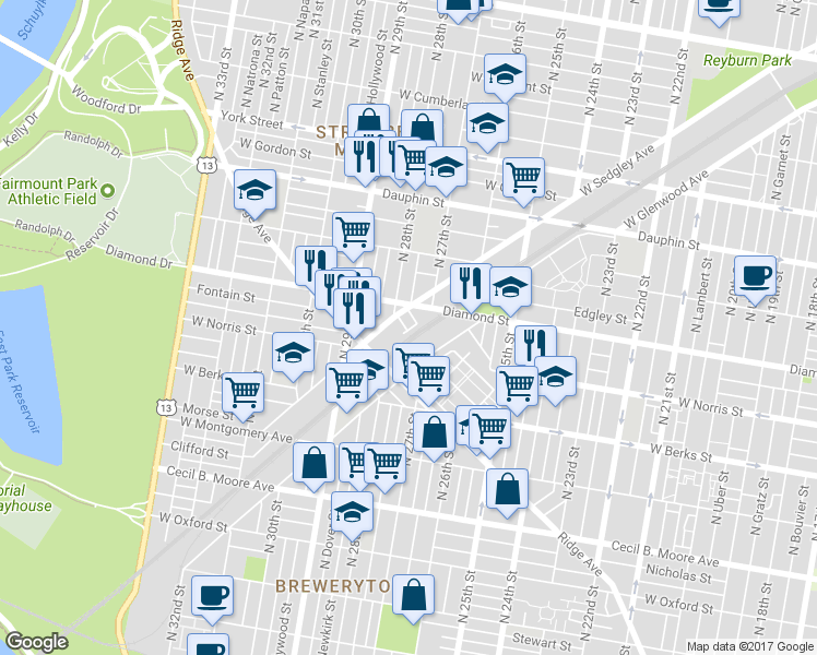 map of restaurants, bars, coffee shops, grocery stores, and more near 2001 North Marston Street in Philadelphia