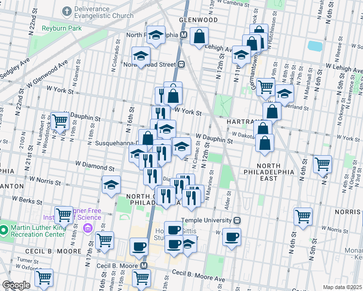 map of restaurants, bars, coffee shops, grocery stores, and more near 2231 North Park Avenue in Philadelphia