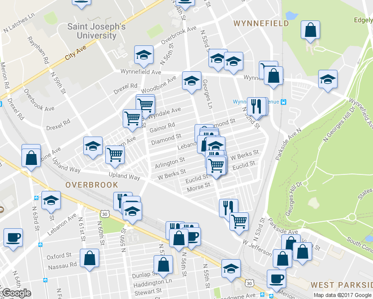 map of restaurants, bars, coffee shops, grocery stores, and more near 5446 Lebanon Avenue in Philadelphia