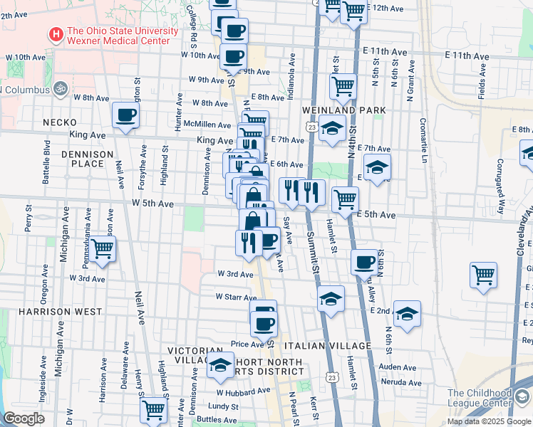 map of restaurants, bars, coffee shops, grocery stores, and more near 51 East 5th Avenue in Columbus