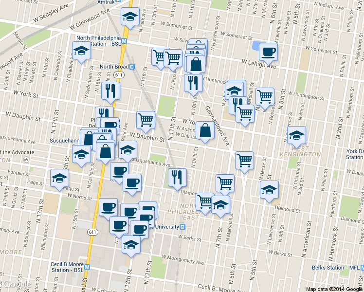 map of restaurants, bars, coffee shops, grocery stores, and more near 1012 West Dauphin Street in Philadelphia