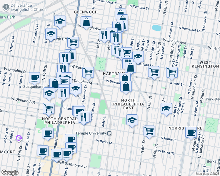 map of restaurants, bars, coffee shops, grocery stores, and more near 1012 West Dauphin Street in Philadelphia