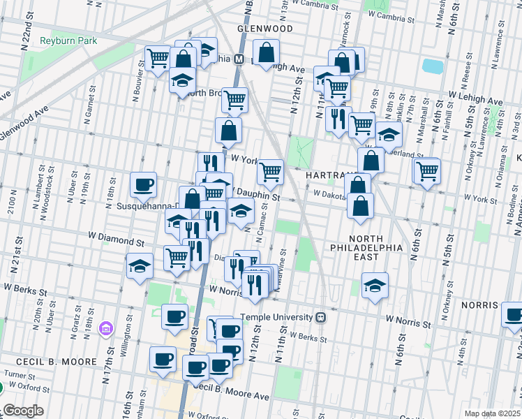 map of restaurants, bars, coffee shops, grocery stores, and more near 2247 North Camac Street in Philadelphia