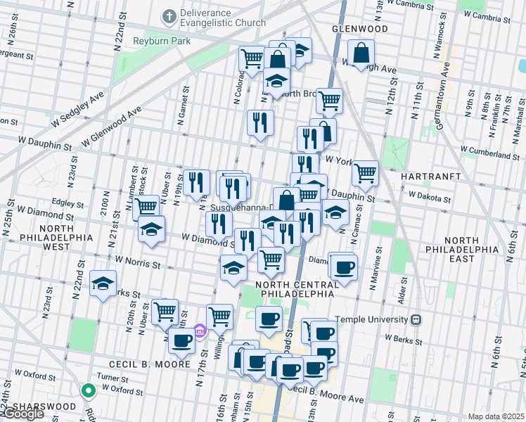 map of restaurants, bars, coffee shops, grocery stores, and more near 2207 North Mole Street in Philadelphia