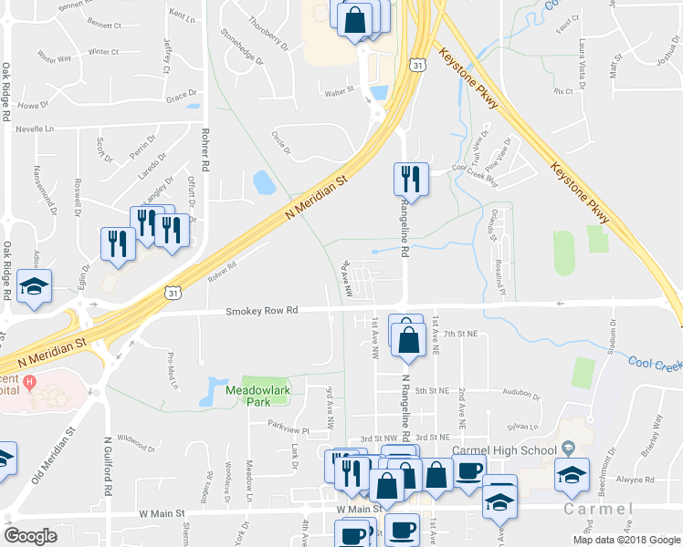 map of restaurants, bars, coffee shops, grocery stores, and more near 1056 3rd Avenue Northwest in Carmel