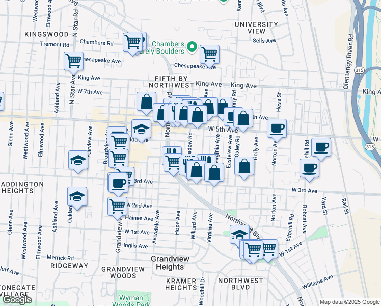 map of restaurants, bars, coffee shops, grocery stores, and more near 1390 Meadow Road in Columbus