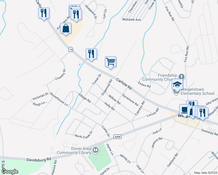 map of restaurants, bars, coffee shops, grocery stores, and more near 3560 Sycamore Road in Dover