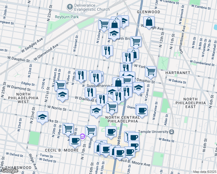 map of restaurants, bars, coffee shops, grocery stores, and more near 2207 North Mole Street in Philadelphia