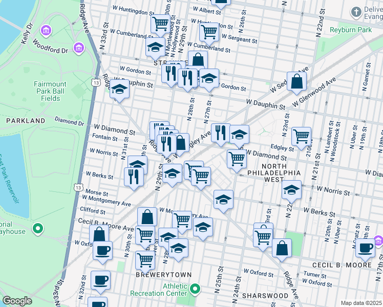 map of restaurants, bars, coffee shops, grocery stores, and more near 2001 North Marston Street in Philadelphia
