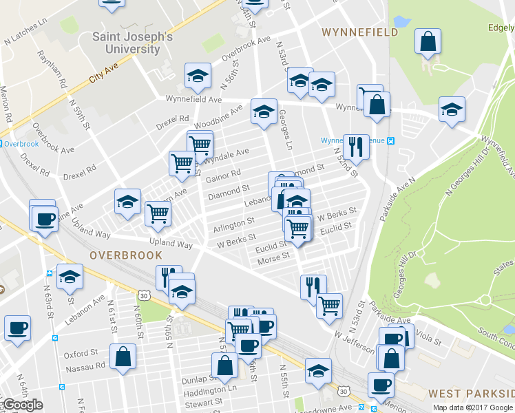 map of restaurants, bars, coffee shops, grocery stores, and more near 5444 Lebanon Avenue in Philadelphia