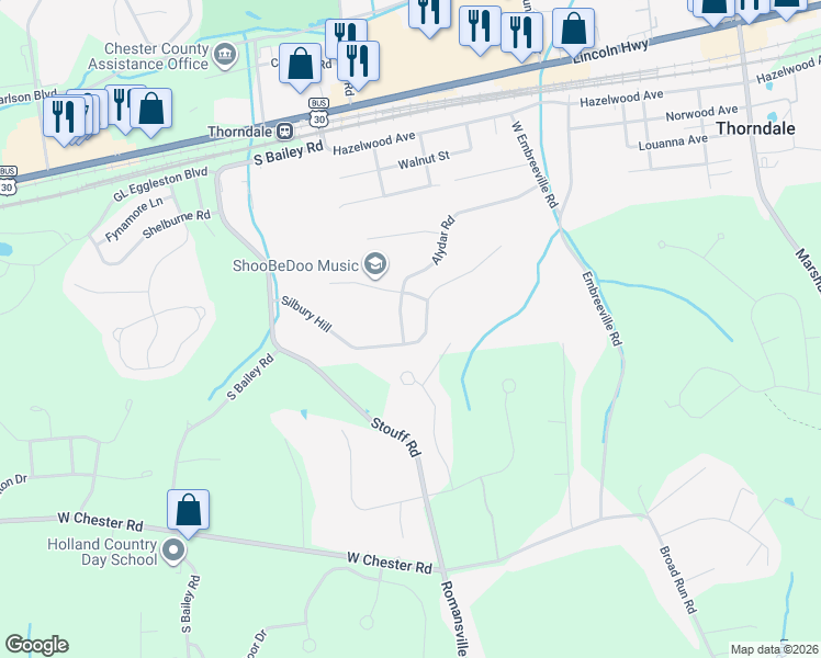 map of restaurants, bars, coffee shops, grocery stores, and more near 3312 Alydar Road in Downingtown
