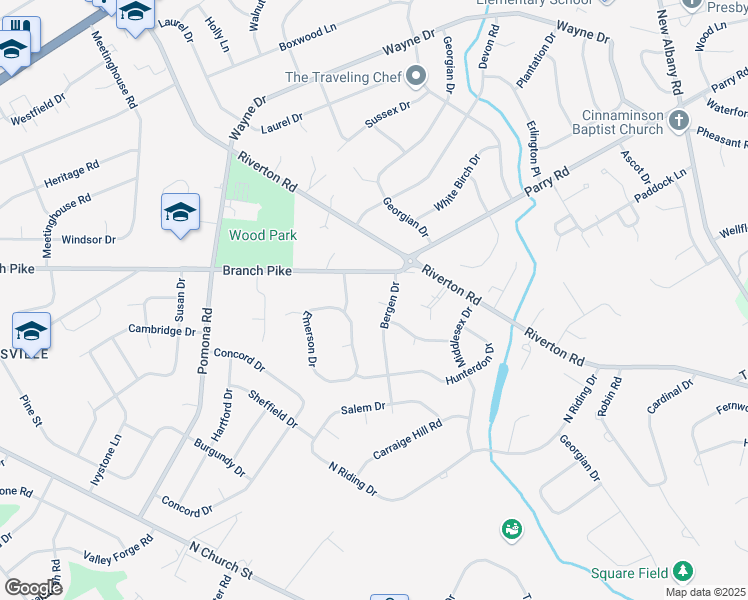 map of restaurants, bars, coffee shops, grocery stores, and more near 708 Bergen Drive in Cinnaminson