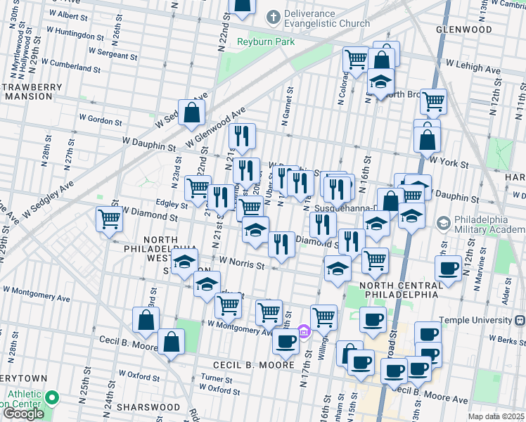 map of restaurants, bars, coffee shops, grocery stores, and more near 2132 North Uber Street in Philadelphia