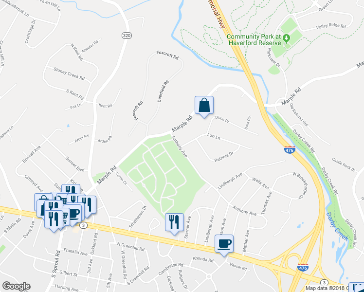 map of restaurants, bars, coffee shops, grocery stores, and more near 77 Lori Lane in Broomall