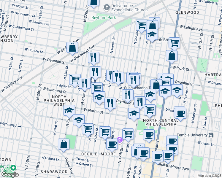 map of restaurants, bars, coffee shops, grocery stores, and more near 2147 North 19th Street in Philadelphia