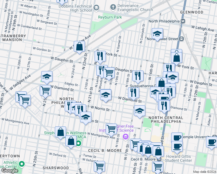 map of restaurants, bars, coffee shops, grocery stores, and more near 2132 North Uber Street in Philadelphia