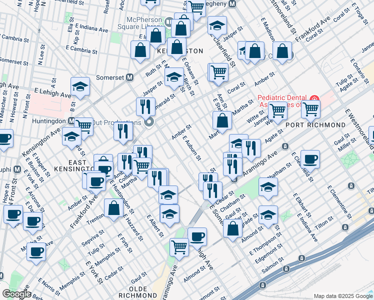map of restaurants, bars, coffee shops, grocery stores, and more near 2149 East Rush Street in Philadelphia