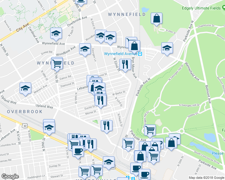 map of restaurants, bars, coffee shops, grocery stores, and more near 5300 Arlington St in Philadelphia