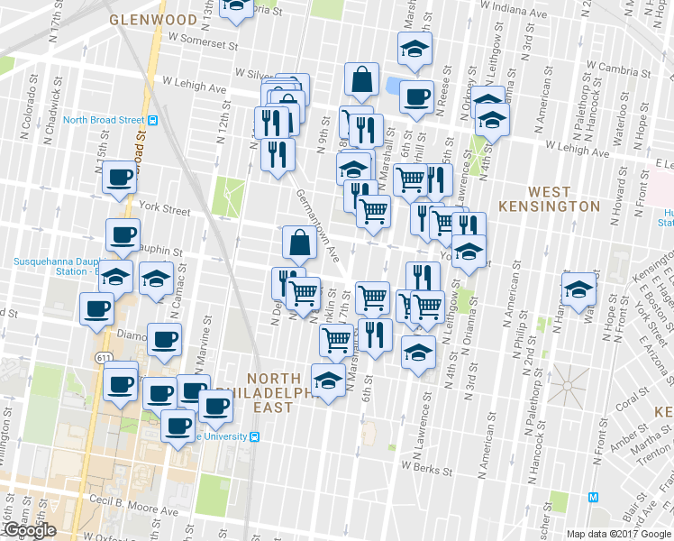 map of restaurants, bars, coffee shops, grocery stores, and more near 2316 Germantown Avenue in Philadelphia
