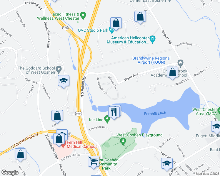 map of restaurants, bars, coffee shops, grocery stores, and more near 54 Morning Glory Drive in West Chester