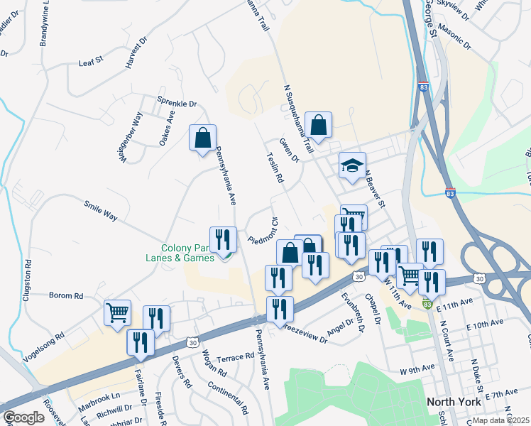 map of restaurants, bars, coffee shops, grocery stores, and more near 417 Piedmont Circle in York