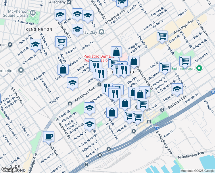 map of restaurants, bars, coffee shops, grocery stores, and more near 3113 Cedar Street in Philadelphia
