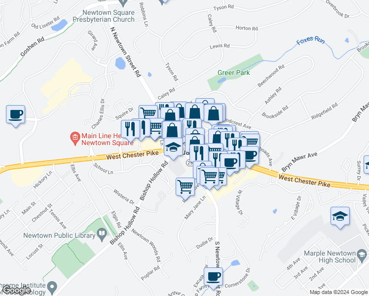 map of restaurants, bars, coffee shops, grocery stores, and more near 1785 Old Bishop Hollow Road in Newtown Square