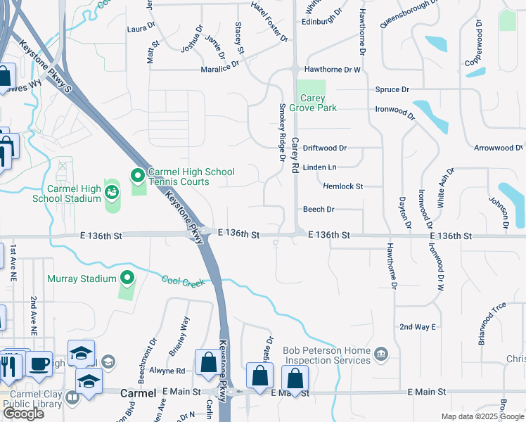 map of restaurants, bars, coffee shops, grocery stores, and more near 13650 Smokey Ridge Place in Carmel