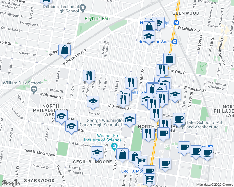 map of restaurants, bars, coffee shops, grocery stores, and more near 1718 West Susquehanna Avenue in Philadelphia