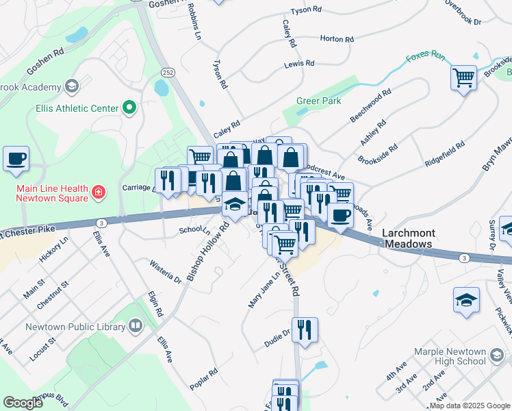 map of restaurants, bars, coffee shops, grocery stores, and more near 3421 West Chester Pike in Newtown Square
