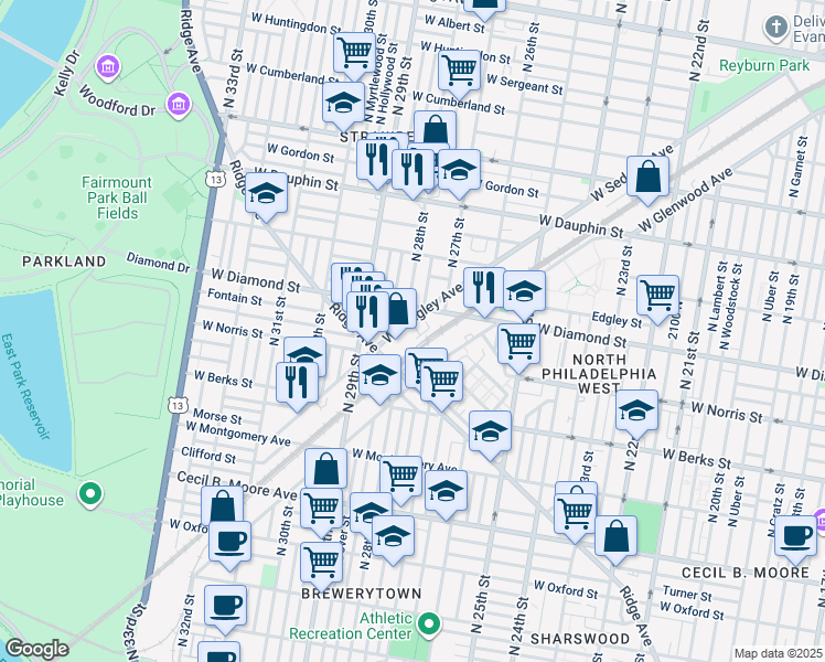 map of restaurants, bars, coffee shops, grocery stores, and more near 2010 North Marston Street in Philadelphia