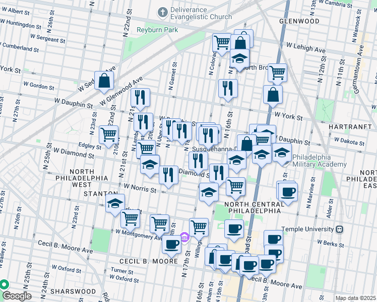 map of restaurants, bars, coffee shops, grocery stores, and more near 2139 North 18th Street in Philadelphia