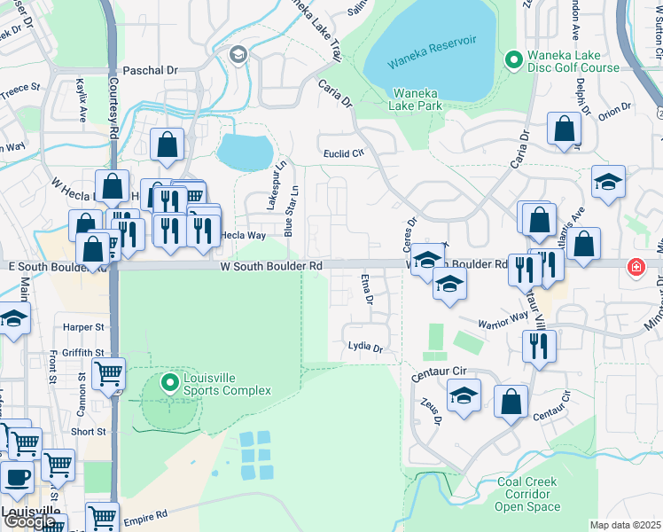 map of restaurants, bars, coffee shops, grocery stores, and more near 2034 West South Boulder Road in Lafayette