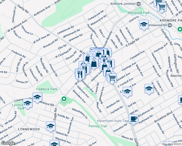 map of restaurants, bars, coffee shops, grocery stores, and more near 35 West Eagle Road in Havertown