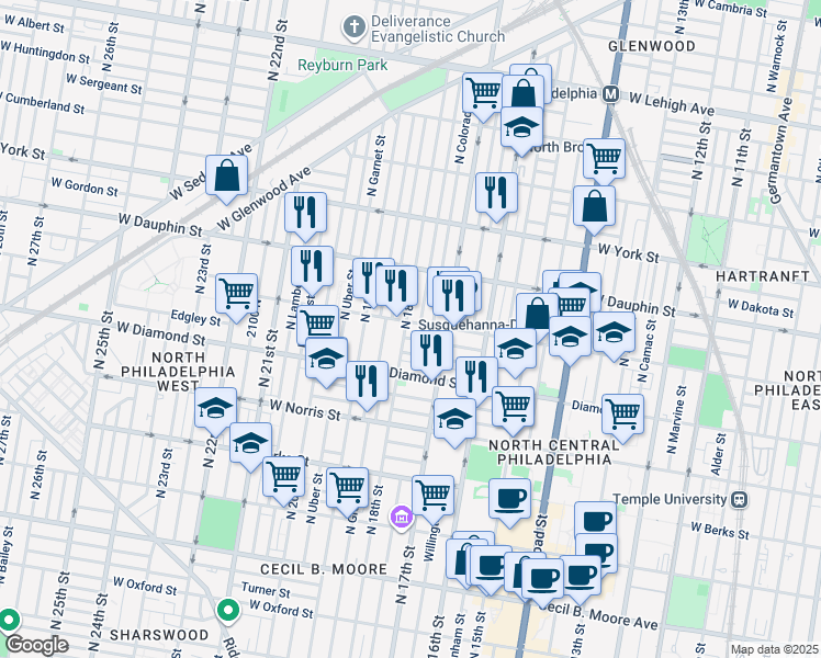 map of restaurants, bars, coffee shops, grocery stores, and more near 1718 West Susquehanna Avenue in Philadelphia